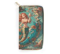 QWNMD Leather Wallets for Women Vintage Outer Banks Map with Mermaids Printed Wallet Purse Card Holder with Zipper Leather Clutch Wallet, Vintage Outer Banks Map with Mermaids, 7.8 x 4.1 x 1.4 inches,