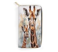 QWNMD Leather Wallets for Women Watercolor Deer Giraffe Printed Wallet Purse Card Holder with Zipper Leather Clutch Wallet, Watercolor Deer Giraffe, 7.8 x 4.1 x 1.4 inches, Modern