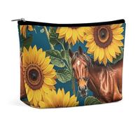 QWNMD Makeup Pouch Cosmetic Bag Lipstick Pouch Zipper Pouch Brown Horse Sunflower Yellow Flower Printed Organizer Portable Toiletry Bag Accessories, Brown Horse Sunflower Yellow Flower, 6.8 X 5.9 X