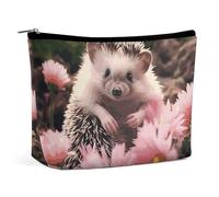 QWNMD Makeup Pouch Cosmetic Bag Lipstick Pouch Zipper Pouch Cute Hedgehog in Flowers Printed Organizer Portable Toiletry Bag Accessories, Cute Hedgehog in Flowers, 6.8 X 5.9 X 2.3 inch, Fashionable