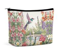 QWNMD Makeup Pouch Cosmetic Bag Lipstick Pouch Zipper Pouch Garden with Birds And Flowers Printed Organizer Portable Toiletry Bag Accessories, Garden with Birds And Flowers, 6.8 X 5.9 X 2.3 inch,