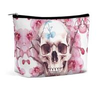 QWNMD Makeup Pouch Cosmetic Bag Lipstick Pouch Zipper Pouch Human Skull Pink Flowers Printed Organizer Portable Toiletry Bag Accessories, Human Skull Pink Flowers, 6.8 X 5.9 X 2.3 inch, Fashionable