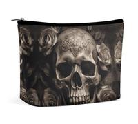 QWNMD Makeup Pouch Cosmetic Bag Lipstick Pouch Zipper Pouch Leather Rose Skull Printed Organizer Portable Toiletry Bag Accessories, Leather Rose Skull, 6.8 X 5.9 X 2.3 inch, Fashionable