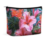 QWNMD Makeup Pouch Cosmetic Bag Lipstick Pouch Zipper Pouch Pink Flower Tropical Plant Printed Organizer Portable Toiletry Bag Accessories, Pink Flower Tropical Plant, 6.8 X 5.9 X 2.3 inch,