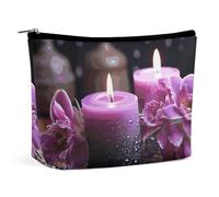 QWNMD Makeup Pouch Cosmetic Bag Lipstick Pouch Zipper Pouch Purple Flowers And Candles Printed Organizer Portable Toiletry Bag Accessories, Purple Flowers And Candles, 6.8 X 5.9 X 2.3 inch,