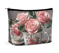 QWNMD Makeup Pouch Cosmetic Bag Lipstick Pouch Zipper Pouch Tea Cups with Roses Romantic Shabby Printed Organizer Portable Toiletry Bag Accessories, Tea Cups with Roses Romantic Shabby, 6.8 X 5.9 X
