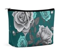 QWNMD Makeup Pouch Cosmetic Bag Lipstick Pouch Zipper Pouch Teal Grey Rose Printed Organizer Portable Toiletry Bag Accessories, Teal Grey Rose, 6.8 X 5.9 X 2.3 inch, Fashionable