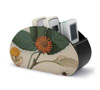 QWNMD Remote Control Holder with 5 Compartments Pu Leather Remote Caddy Box Tray Vintage Botanical Bee Illustration Printed Bedside Table Desk Storage Organizer