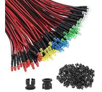 QWORK® 100 Pcs 3mm Pre-wired LED Diodes Kit, 5V-12V 20cm 5 Colours Lights with 100 Plastic Holders - High Conductivity Copper Wire for Model Railway, DIY Hobby, RC Car & Electronic Projects
