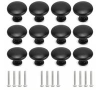 QWORK® 12 Pcs Black Cabinet Knobs Door Knobs, 30mm Round Wardrobe Door Handles Aluminum Alloy for Cabinets/Cupboards/Drawers/Wardrobes, Screws Included
