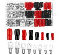 QWORK® 140 Pcs Battery Terminal Connector Set - 70 Pcs Tinned Copper Ring Lug Terminals + 70 Pcs Insulating Sleeves (SC6/10/16/25)