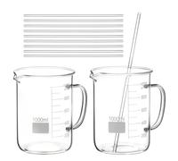 QWORK 2 Pack 1000ml Borosilicate Glass Beaker with Handle, & 10 Pcs 12" Science Glass Stir Rods, High Temp & Chemical Resistant, Smooth Ends, Precise Scale, for Laboratory, Medical, and Chemical Use