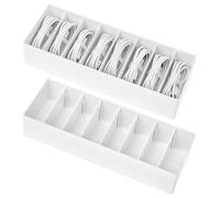 QWORK® 2 Pcs Cable Storage Box with Adjustable Compartments - Stackable Cord Organiser for Home Office, Desk & Drawer - 10.24" Small Wire Tidy Case with 14 Silicone Cable Ties, White