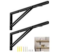 QWORK 24" Heavy Duty Folding Shelf Brackets for Wall Mounted Folding Tables Benches Shelves - 2 Pack Iron Bracket with Black Finish - Max Load 330lbs