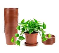 QWORK® 24 Pack 10cm Small Plastic Plant Pots with Drainage Holes & Drip Trays - Terracotta Nursery Pots for Herbs, Seedlings & Succulents