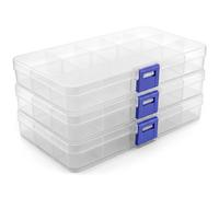 QWORK® 3 Pack Bead Storage Box 17x10x2.2cm, 15 Grids Plastic Organiser Box - Clear Jewellery Case with Secure Latches for DIY Crafts, Screws & Fishing Tackle