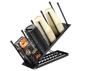 QWORK® 4-Compartment Coffee Station Organizer Cup Lid Dispenser with Storage Basket for Coffee Pod and Straw - Metal Black