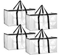 QWORK® 4 Pack 90L Clothes Storage Bags with Lids - 27" x 14" x 15" - Heavy Duty Moving Totes in PP Woven Material, Transparent Design for Easy Organization