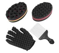 QWORK® 4 Pcs Big and Small Holes Hair Sponge Brush with Combs and gloves for Dreads & Coils for Barber and Home