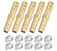 QWORK® 5 Pcs 6mm Brass Hose Barb Fitting, with 10 Clamps, 2 Way Straight Pipe Fitting