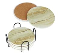 QWORK® 6 Pack Ceramic Coasters 4"/10cm with Black Metal Holder - Water-Absorbent, Scratch-Resistant, Cork Base