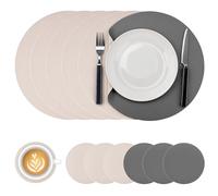 QWORK® 6 Round Placemats and 6 Coaster - 32cm/10cm, PU Leather, Heat Resistant, Dual-Sided (Grey & Beige)