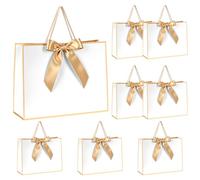 QWORK® 8 Pack Luxury Gift Bags 32x11x25cm with Gold Bow & Foil Trim - Elegant Sturdy Paper Present Bags for Weddings, Bridesmaid Proposals & Birthdays