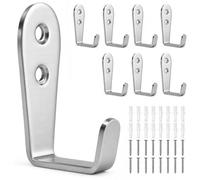 QWORK 8 Pcs Stainless Steel Wall Hooks, 3mm Thick Heavy Duty Utility Hangers for Coats, Bags & Tools - Silver J-Shaped Screw-in Hooks for Garage, Kitchen and Bathroom Organization
