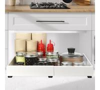 QWORK® Adjustable Pull Out Cabinet Organizer, Expands 32CM to 52CM, White, for Kitchen & Bathroom Storage, No Drilling, Carbon Steel