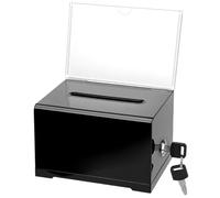 QWORK® Black Acrylic Donation Box With Lock and Sign Holder - Secure Ballot, Suggestion, Tip Container for Voting and Raffles - 6.3 x 4.8 x 4 Inch