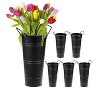 QWORK Black Flower Buckets, 6 Pcs 9.8" Tall Flower Vase, Galvanized Metal Vases with Waterproof Coating, French Flower Bucket, Rustic Farmhouse Vases with Handles
