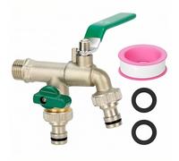 QWORK® Brass Garden Tap 1/2 Inch Inlet 3/4 inch Double Outlet with Red Ball Valve and 2 Hose Connectors, Rust and Frost Resistant Outdoor Tap