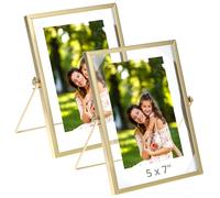QWORK Floating Picture Frame, 2 Pack 5"×7" Gold Metal Frame, Photo Frames with Real Glass for Protection, For Picture 3.5x5'', 4x6'', 5x7''