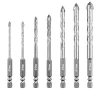 QWORK® Four-Flute Drill Bit Set, 7PCS - Tungsten Carbide, Masonry Drill Bits, 3/4/5/6/8/10/12MM, 1/4" Hex Shank,Silver