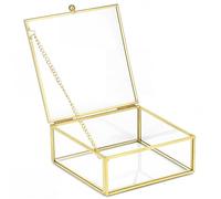 QWORK Golden Vintage Glass Box, Jewellery Storage Organiser, Transparent Rectangular Box, 12 x 12 x 5 cm, for Jewellery Organiser