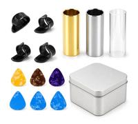 QWORK Guitar Slide Set, 3 Pcs Glass, 304 Stainless Steel and Solid Brass Slides with 10 Picks and Metal Case - 0.82" Inner Diameter for Acoustic, Electric Guitar and Bass - Blues Slide Kit
