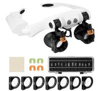 QWORK® Headband Magnifier with LED Light, 7 Interchangeable Lenses, 3X 4X 5X 6X 7X 10X 15X, Ideal for Crafts & Precision Work, Batteries not included