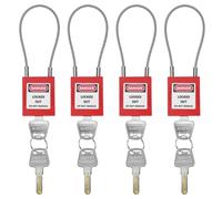 QWORK Lockout Tagout Steel Cable Locks with Keys, 4 Pack Keyed Alike Unlimited Grouping Electrical Lockout Padlock Set, Red