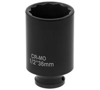 QWORK Multi-tooth socket 36 mm 12-point, 78 mm depth, 1/2 inch drive shafts, CR-MO steel - power socket for easy removal of axle nuts