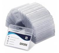 QWORK® Pack of 100 Horizontal Card Holder for Lanyard, Thickened 0.56mm Plastic Name Tag Badge ID Card Holder 100x82 mm for Card Size 88x57 mm (3.5"x2.2")
