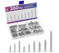 QWORK® Stainless Steel Self Tapping Screws Assortment, 360 PCS - M3/M4/M5 Sizes, 304 Stainless Steel, Countersunk Wood Screws with Storage Box