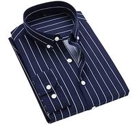QWQUOO Men's Long Sleeve Dress Shirts Casual Business Vertical Striped Button Down Slim Fit Shirts, Navy Blue White, XXL