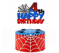 Qwrqwr 1pcs Spider Happy Birthday Cake Topper Red Blue Glitter 4th Birthday Cake Topper for Boys Girls Spider Themed Party Cake Decoration