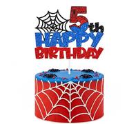 Qwrqwr 1pcs Spider Happy Birthday Cake Topper Red Blue Glitter 5th Birthday Cake Topper for Boys Girls Spider Themed Party Cake Decoration