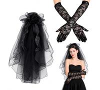 Qwrqwr 2Pcs Gothic Halloween Accessories, Black Bow Tulle Veil & Lace Gloves Set, Dead Bride Costume Kit for Cosplay Party