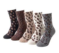Qwrqwr 5 Pairs Women’s Leopard Print Crew Socks Soft Cotton Blend Cosy Neutral Tone Animal Pattern Socks Casual Fashion Boot Socks for Daily Wear & Women Gifts