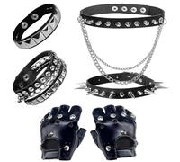 Qwrqwr 5 Pcs Goth Emo Accessories Set Black Choker Necklace Leather Fingerless Gloves and Studded Bracelet Jewelry Unisex Fancy Dress Costumes for Party Costume (A)