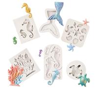 Qwrqwr 6 Pcs Marine Themed Silicone Mould Set, Grey for Cake Fondant | Seahorse, Mermaid Tail, Starfish and Shell Moulds for Chocolate, Candy and Clay DIY