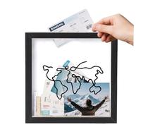 Qwrqwr Adventure Archive Box Travel Memory Box Display for Collecting Movie Sporting and Various Types of Memory Tickets Wooden Frame Creative Keepsake Container with World Map Design (black)