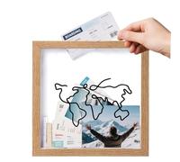 Qwrqwr Adventure Archive Box Travel Memory Box Display for Collecting Movie Sporting and Various Types of Memory Tickets Wooden Frame Creative Keepsake Container with World Map Design (wood)